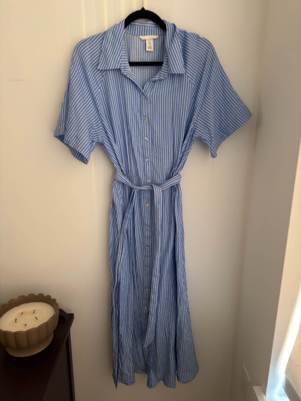H&M Blue Striped Button-Front Shirt Dress with Tie Waist